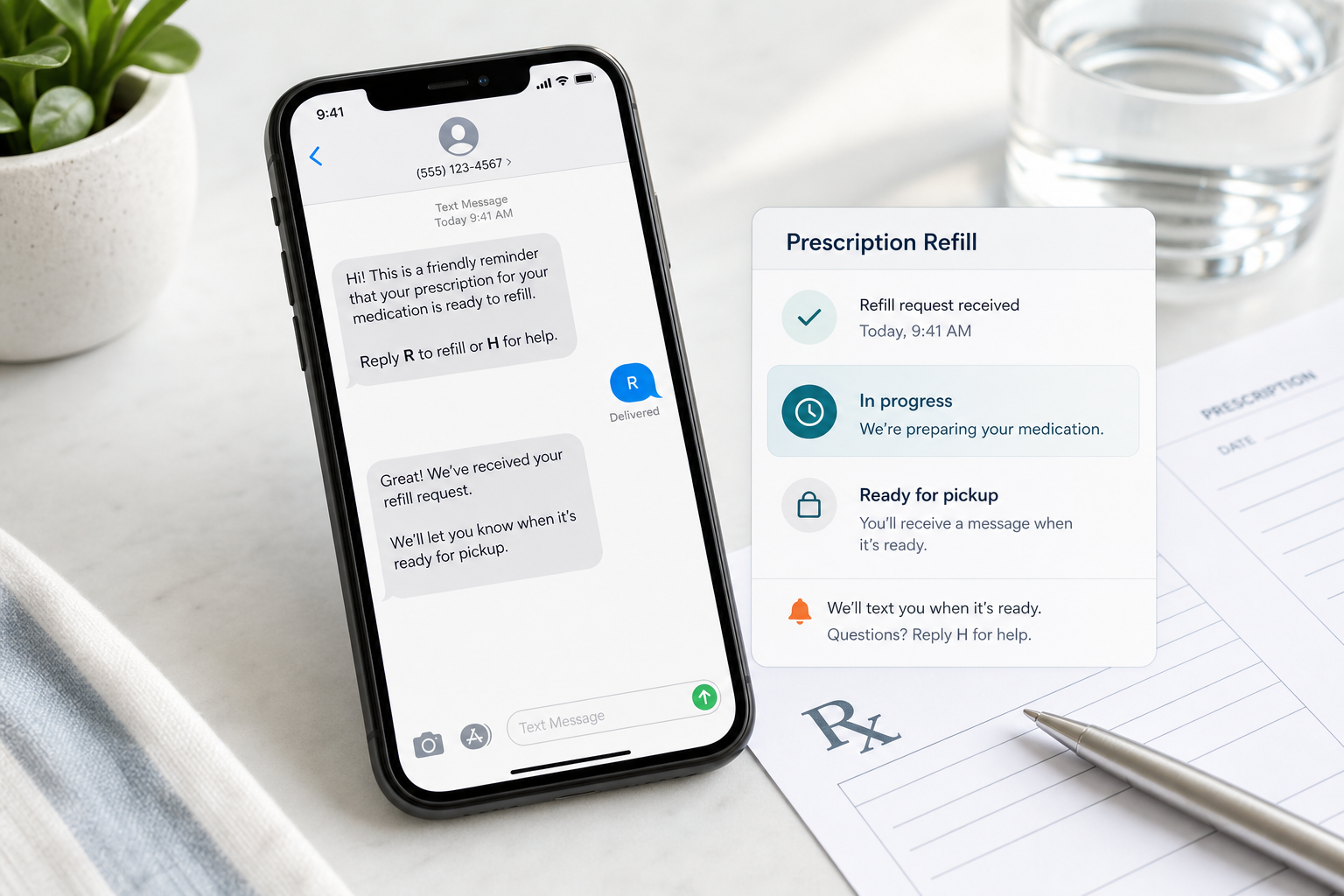 Phone showing prescription refill SMS reminders and refill status information